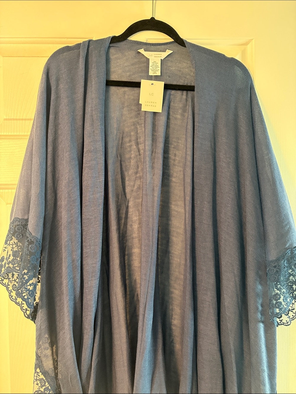 NWT Lauren Conrad Dusty Blue Lace-Trim Open Kimono, one size - Picture 2 of 5